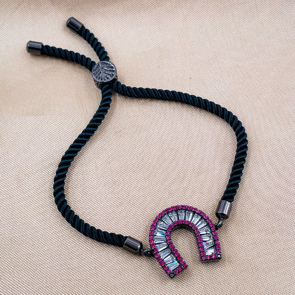 Horse Shoe Copper CZ Pink Black Adjustable Slider Bracelet Bulk