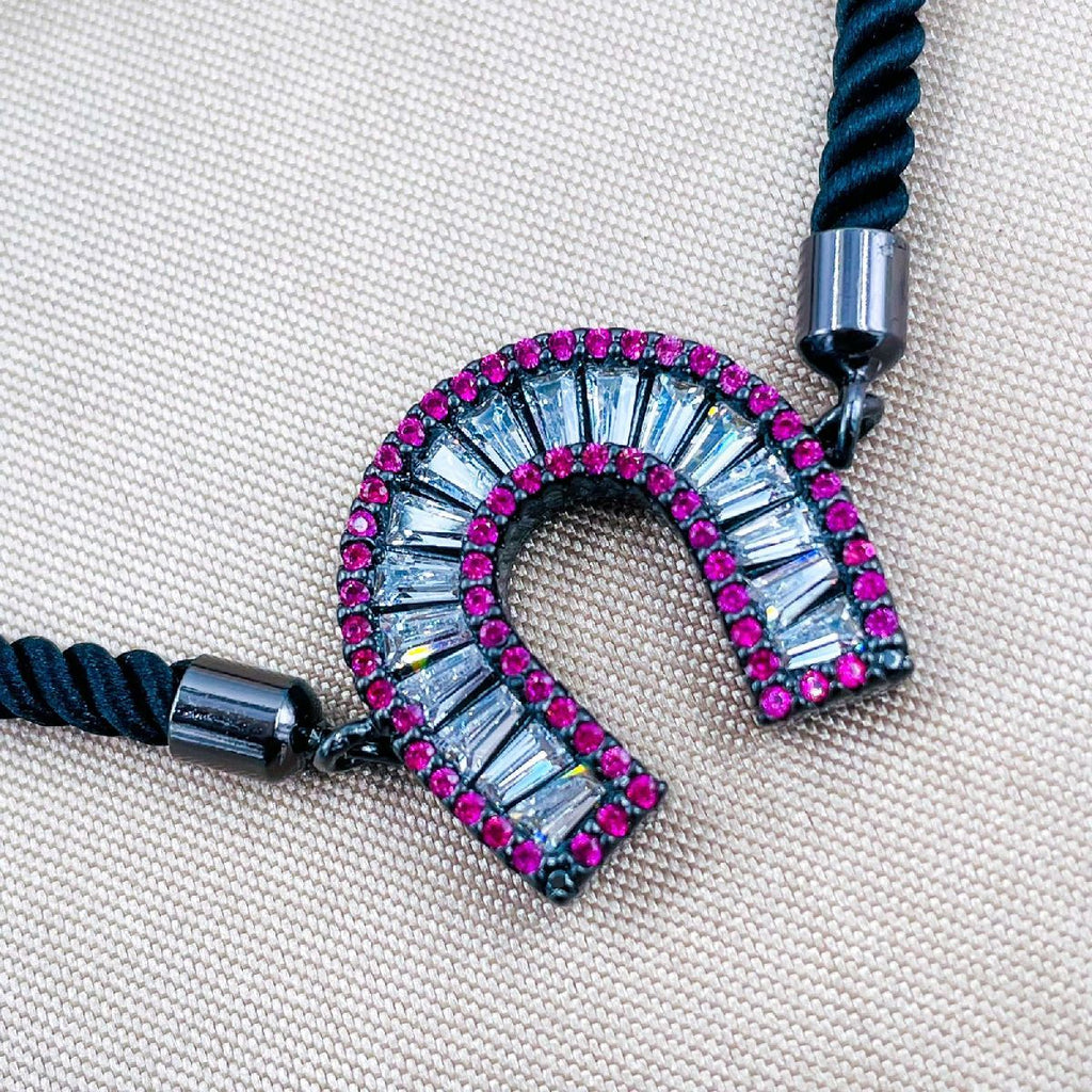 Horse Shoe Copper CZ Pink Black Adjustable Slider Bracelet Bulk