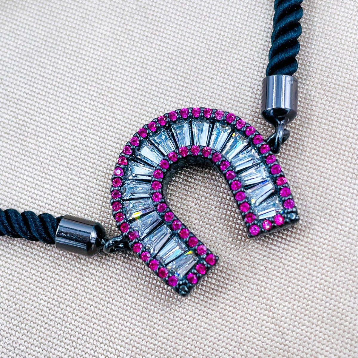 Horse Shoe Copper CZ Pink Black Adjustable Slider Bracelet Bulk