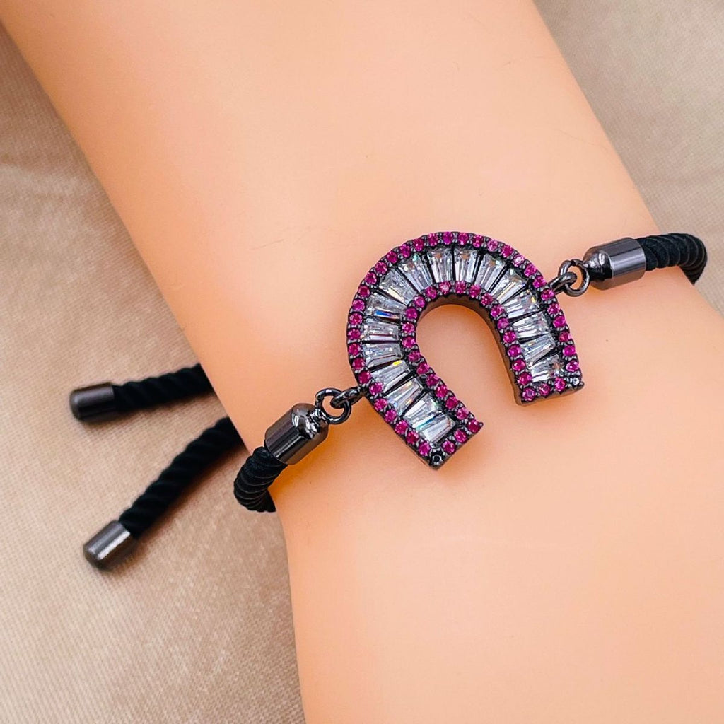 Horse Shoe Copper CZ Pink Black Adjustable Slider Bracelet Bulk