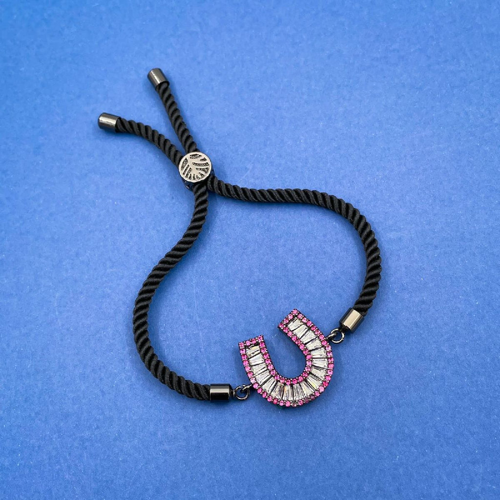 Horse Shoe Copper CZ Pink Black Adjustable Slider Bracelet Bulk