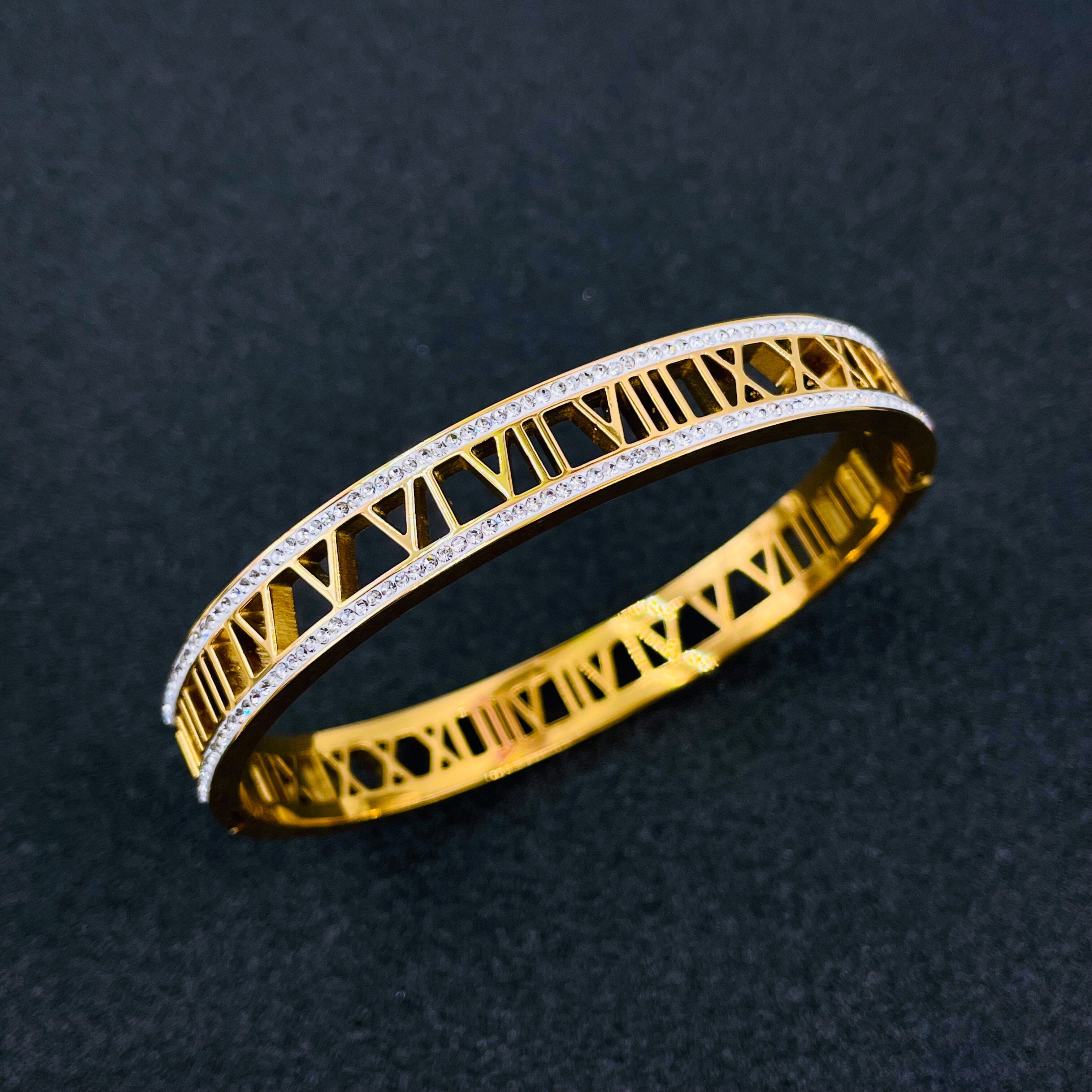 Roman Cubic Zirconia Gold Stainless Steel Openable Kada For Women Main image