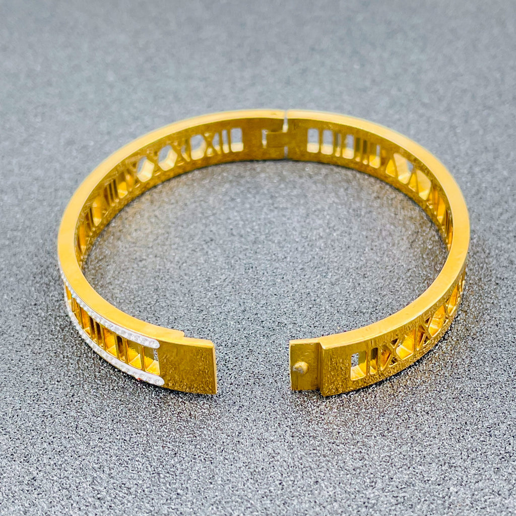 Roman Cubic Zirconia Gold Stainless Steel Openable Kada For Women