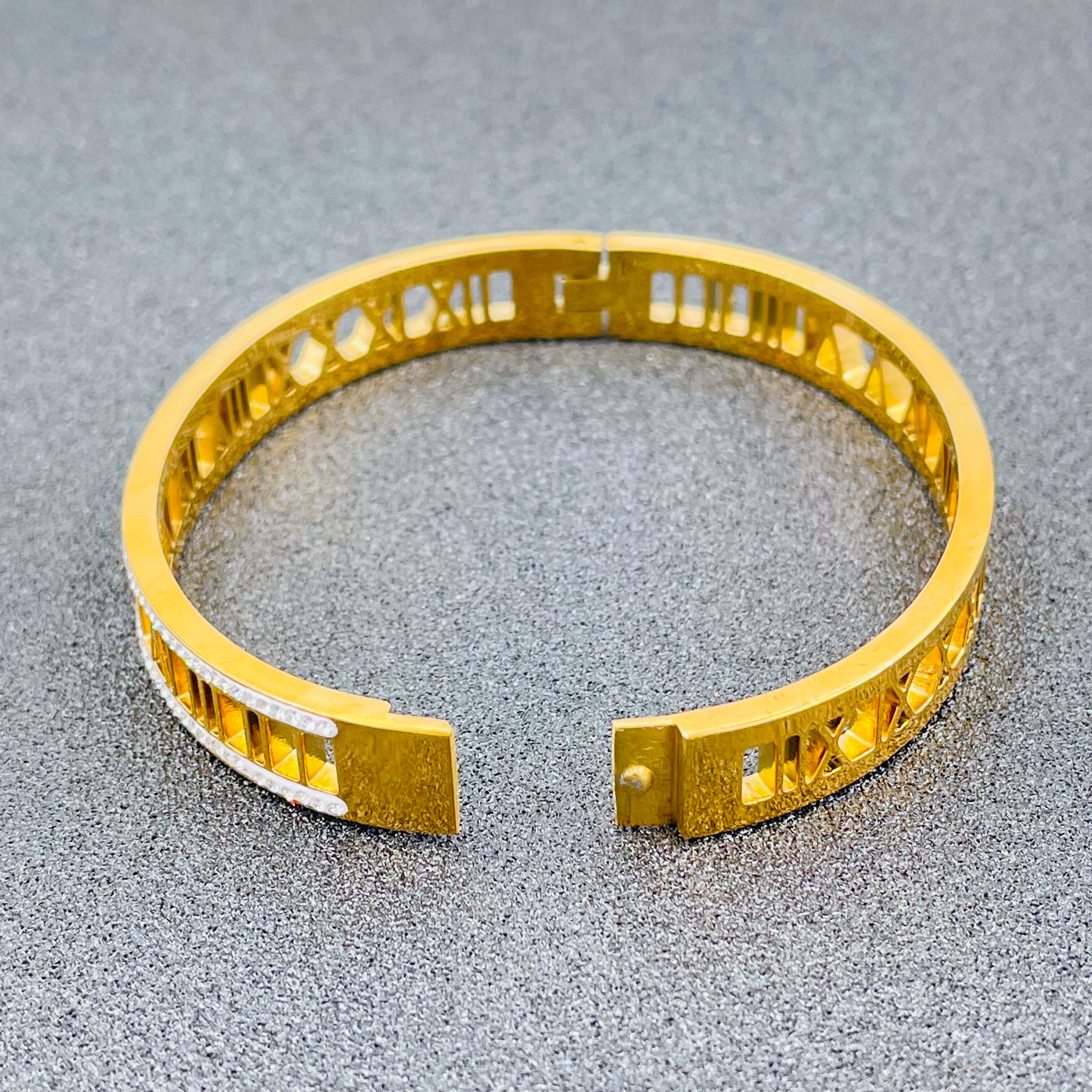 Roman Cubic Zirconia Gold Stainless Steel Openable Kada For Women