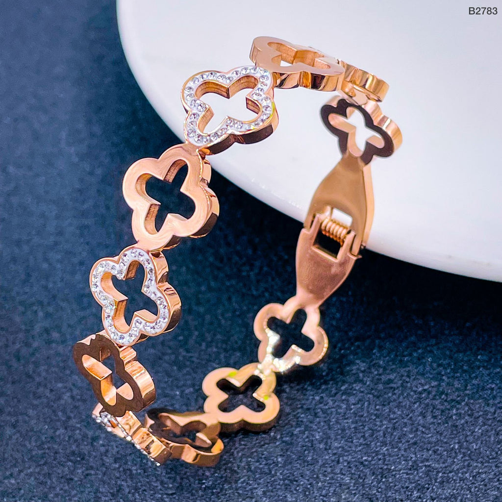 Stainless Steel Cubic Zirconia Rose Gold Clover Bangle Cuff Kada Bulk