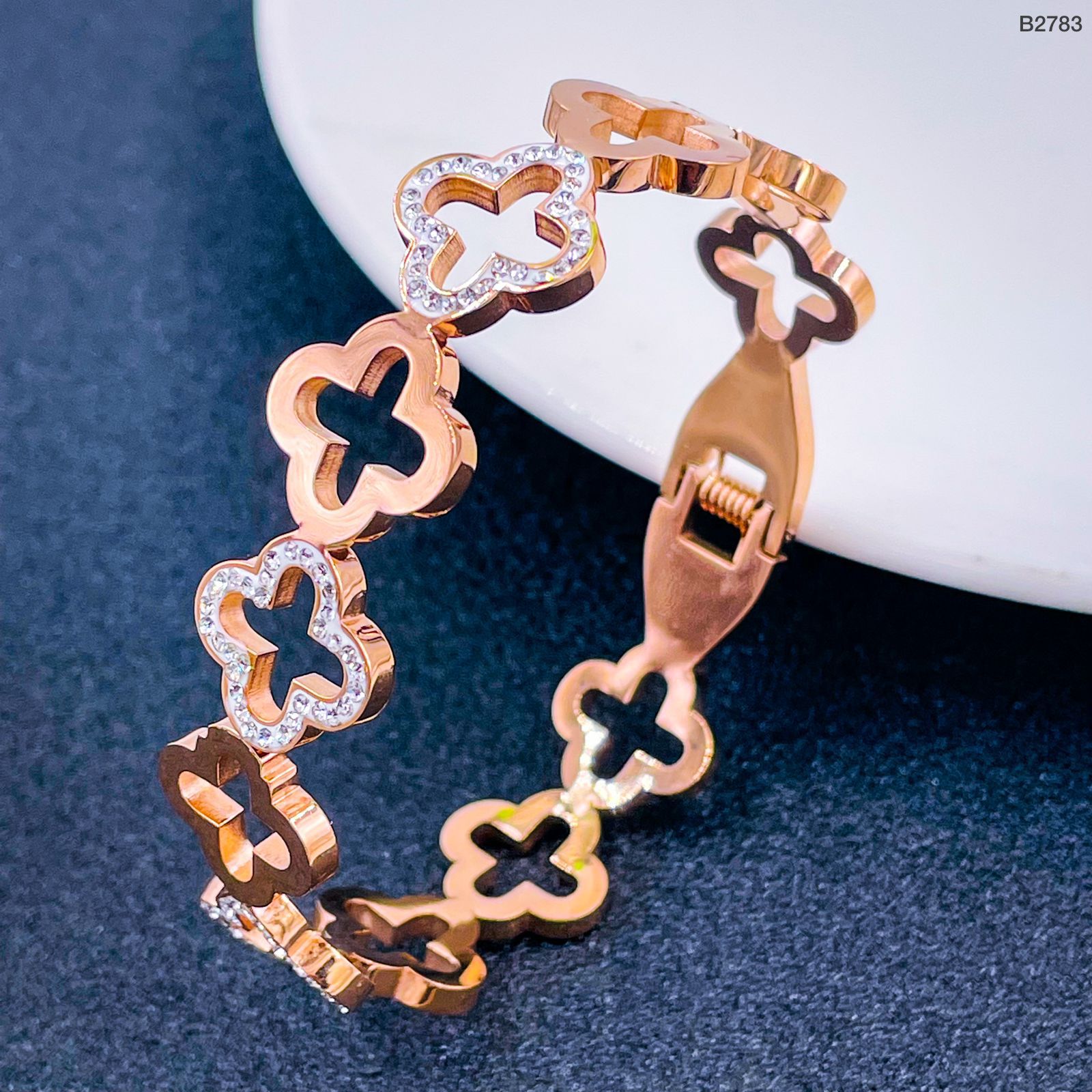 Stainless Steel Cubic Zirconia Rose Gold Clover Bangle Cuff Kada Bulk