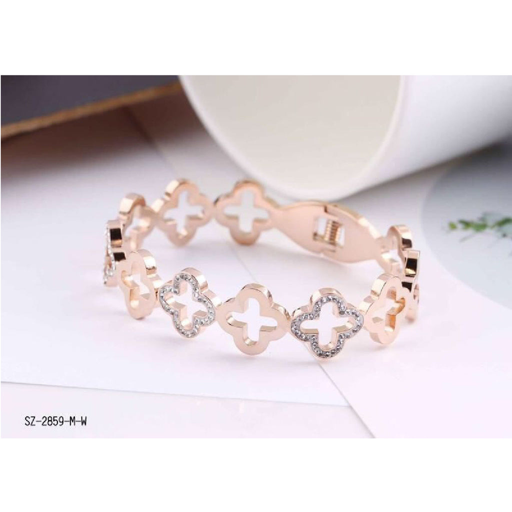 Stainless Steel Cubic Zirconia Rose Gold Clover Bangle Cuff Kada Bulk