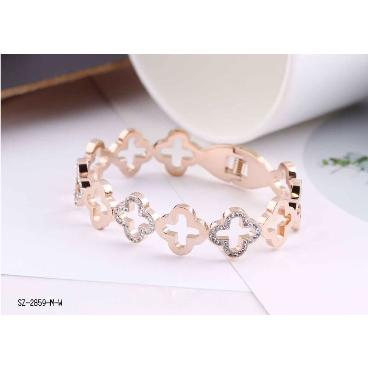 Stainless Steel Cubic Zirconia Rose Gold Clover Bangle Cuff Kada Bulk