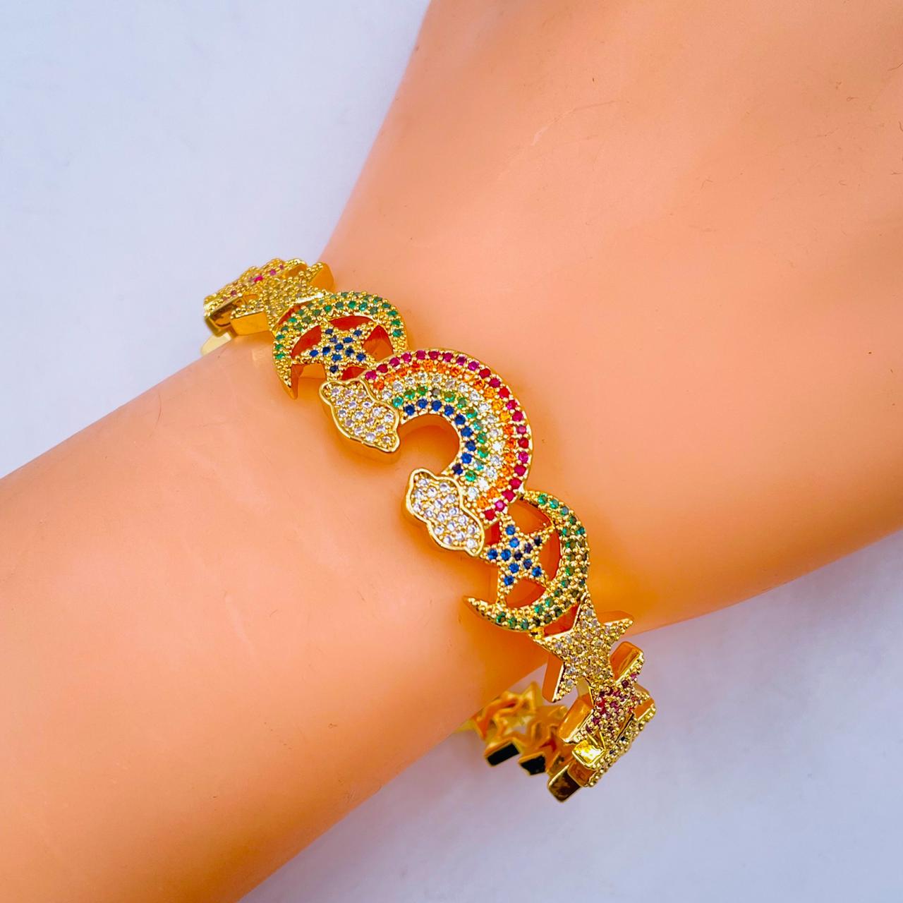 Copper Cubic Zirconia Crystal Rainbow Moon Bangle Star Kada Cuff Bulk