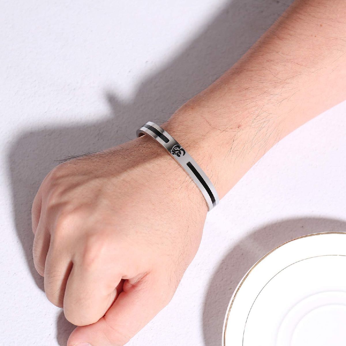 Stainless Steel Silver Black Enamel Om Engrave Bangle Kada Cuff Bulk
