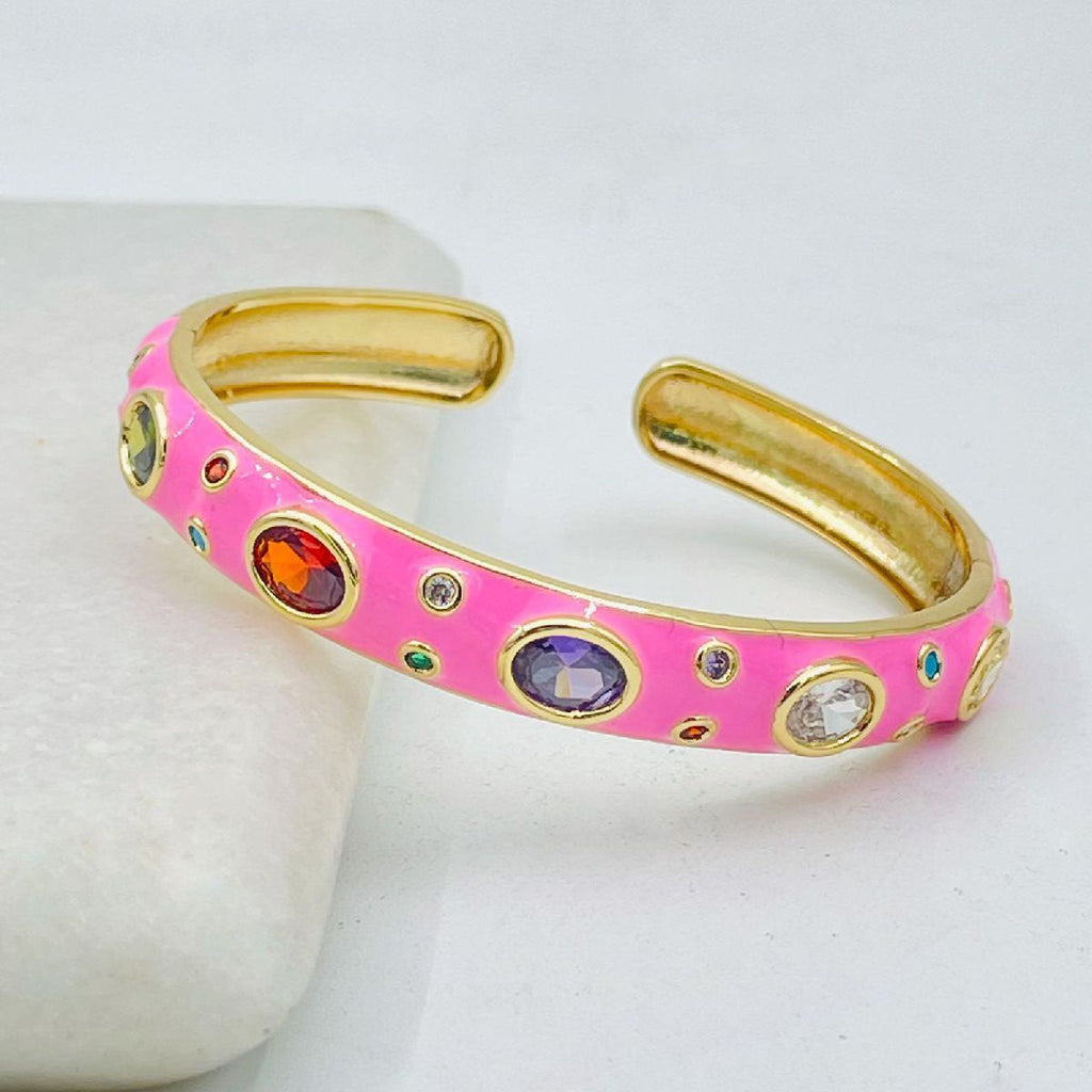 Copper Neon Pop Pink Enamel Multi Stones Gold Cuff Kada Bangle Bulk