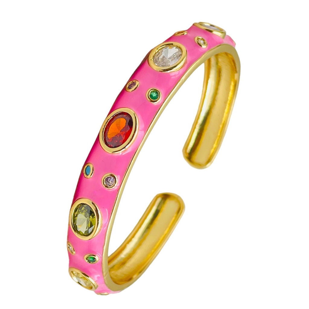 Copper Neon Pop Pink Enamel Multi Stones Gold Cuff Kada Bangle Bulk