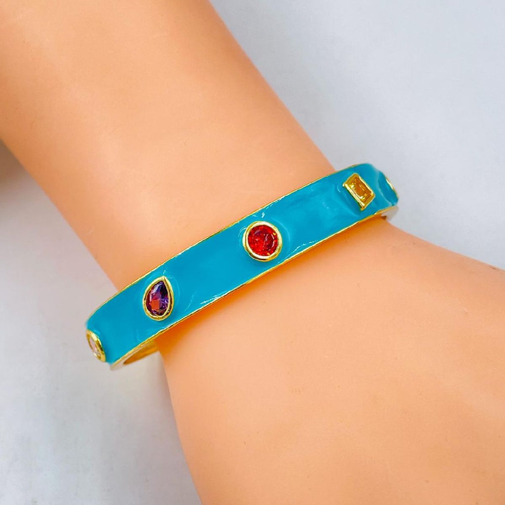 Copper Enamel Blue Gold Crystal Cubic Zirconia Bangle Kada Cuff Bulk