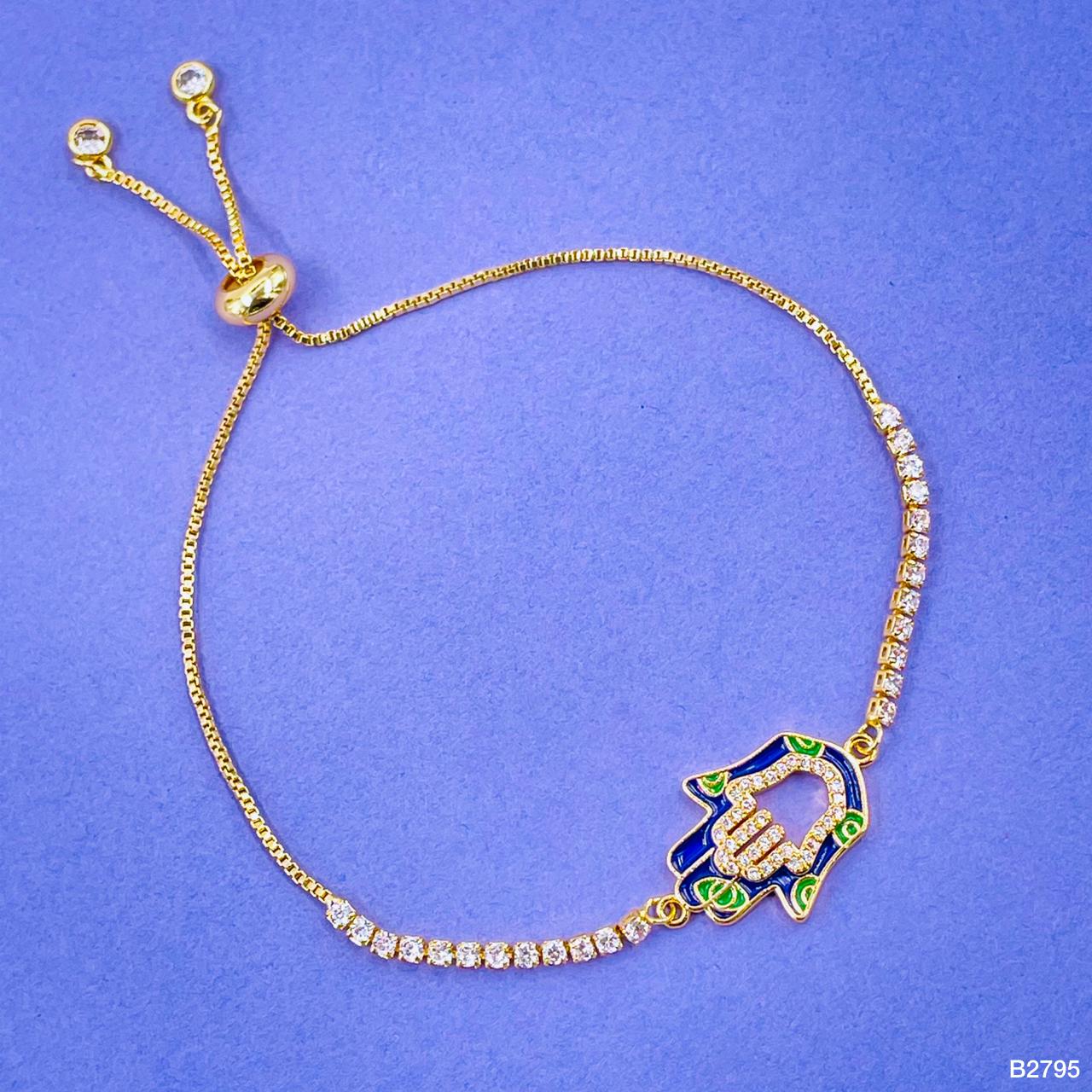 Hamsa Gold Blue Enamel Cubic Zirconia Copper Slider Bracelet Bulk Main image