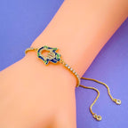Hamsa Gold Blue Enamel Cubic Zirconia Copper Slider Bracelet Bulk