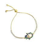 Hamsa Gold Blue Enamel Cubic Zirconia Copper Slider Bracelet Bulk