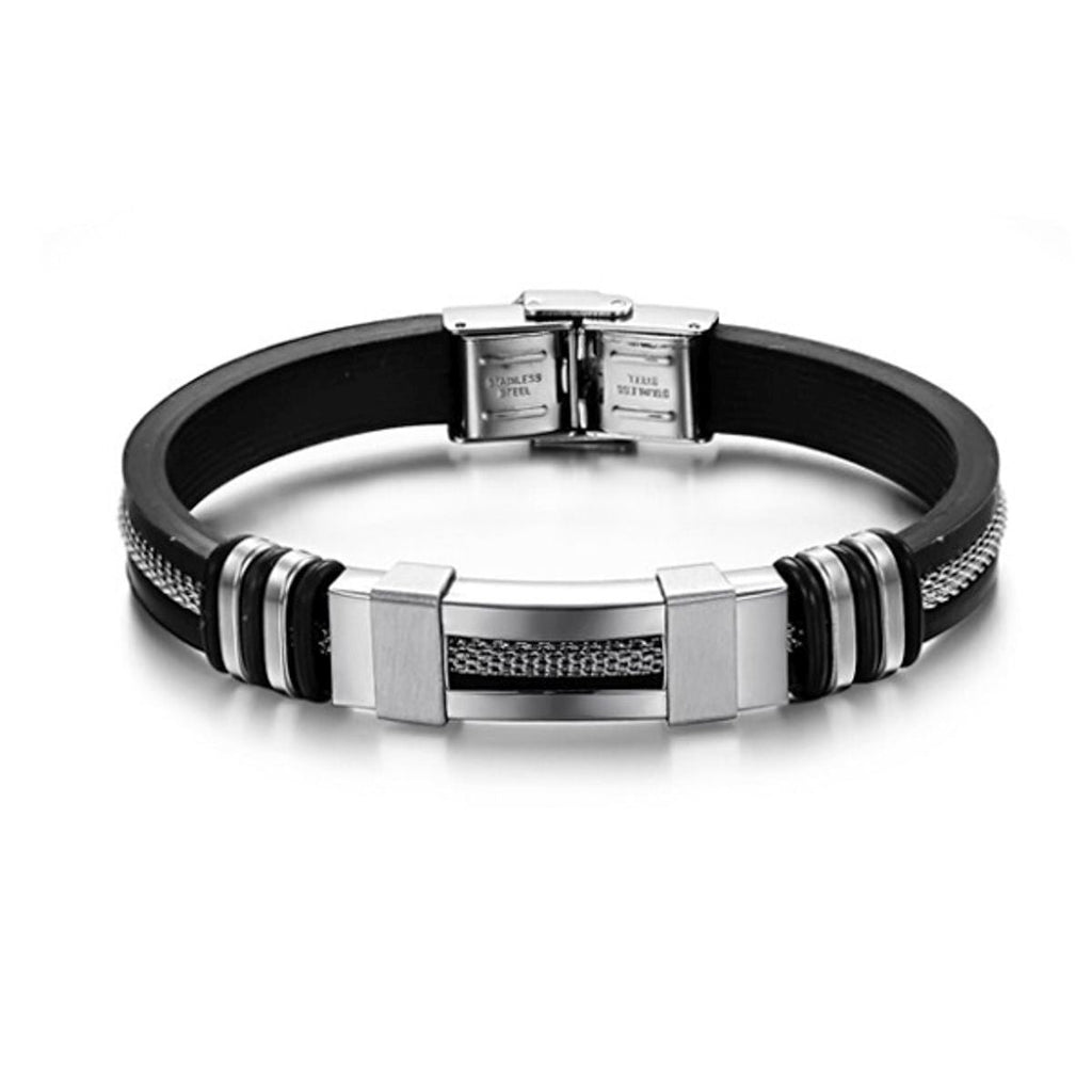 Stainless Steel Rubber Silver Black Id Wrist Band Bracelet Men Bulk