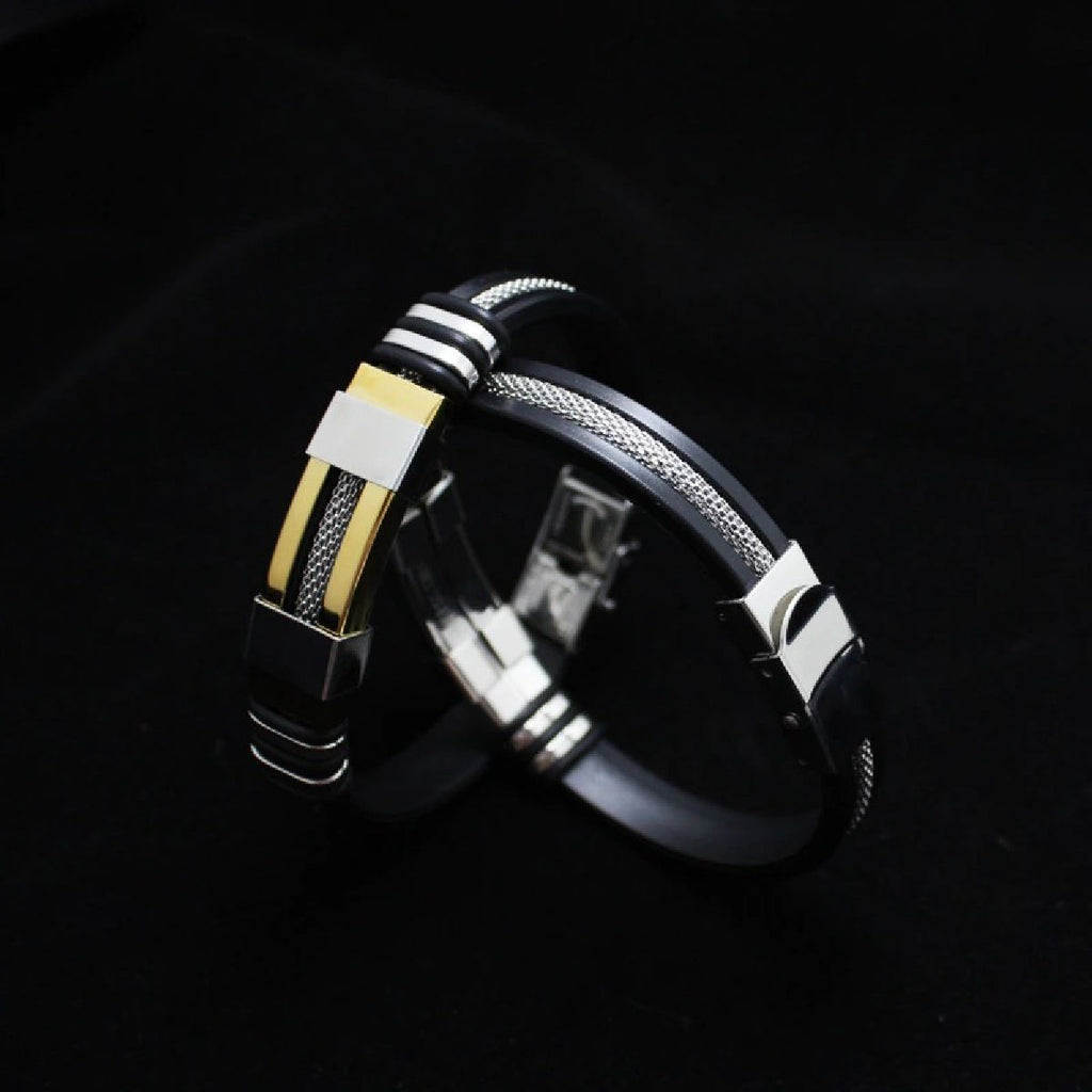 Stainless Steel Rubber Silver Black Id Wrist Band Bracelet Men Bulk