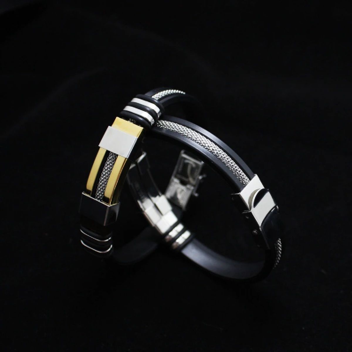 Stainless Steel Rubber Silver Black Id Wrist Band Bracelet Men Bulk