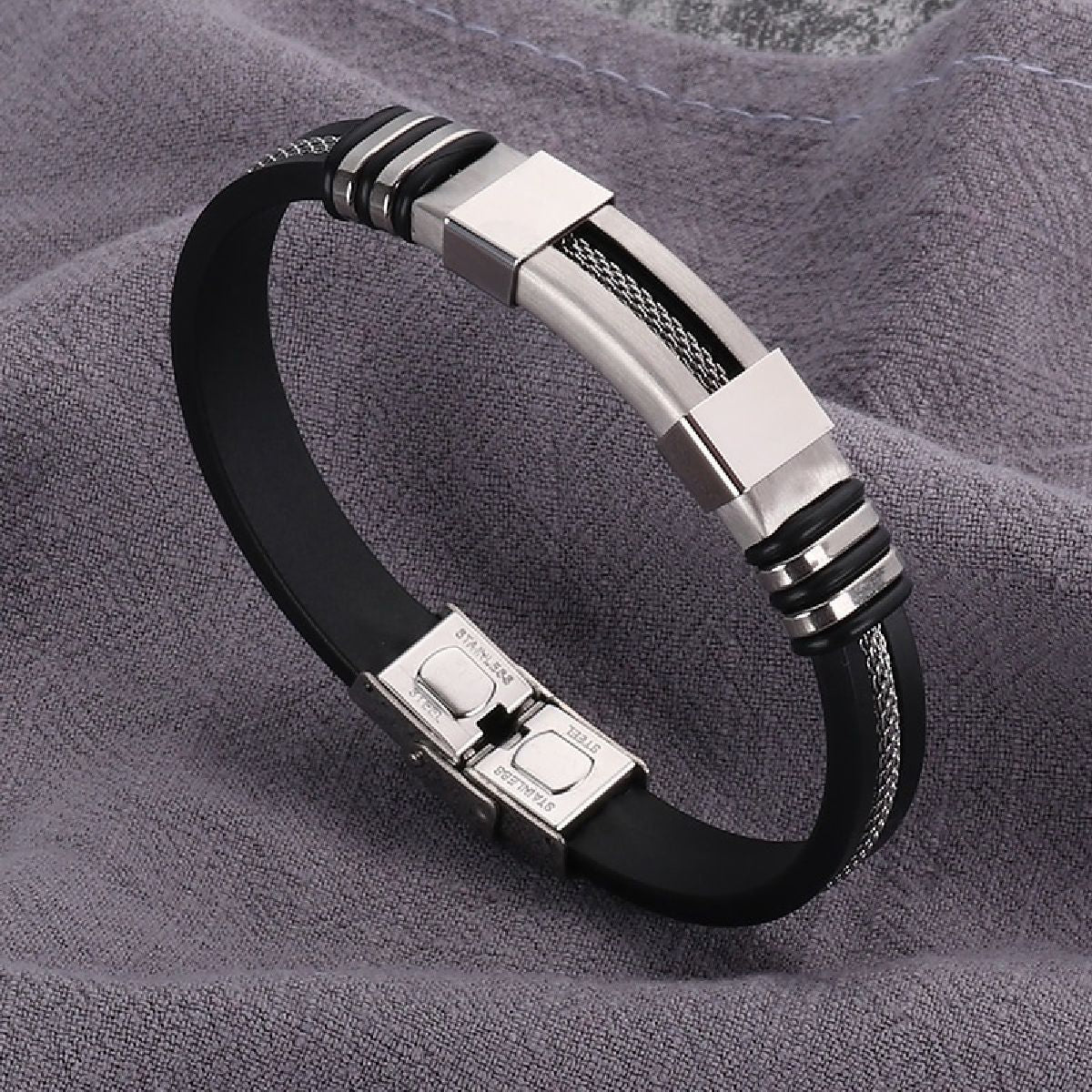 Stainless Steel Rubber Silver Black Id Wrist Band Bracelet Men Bulk