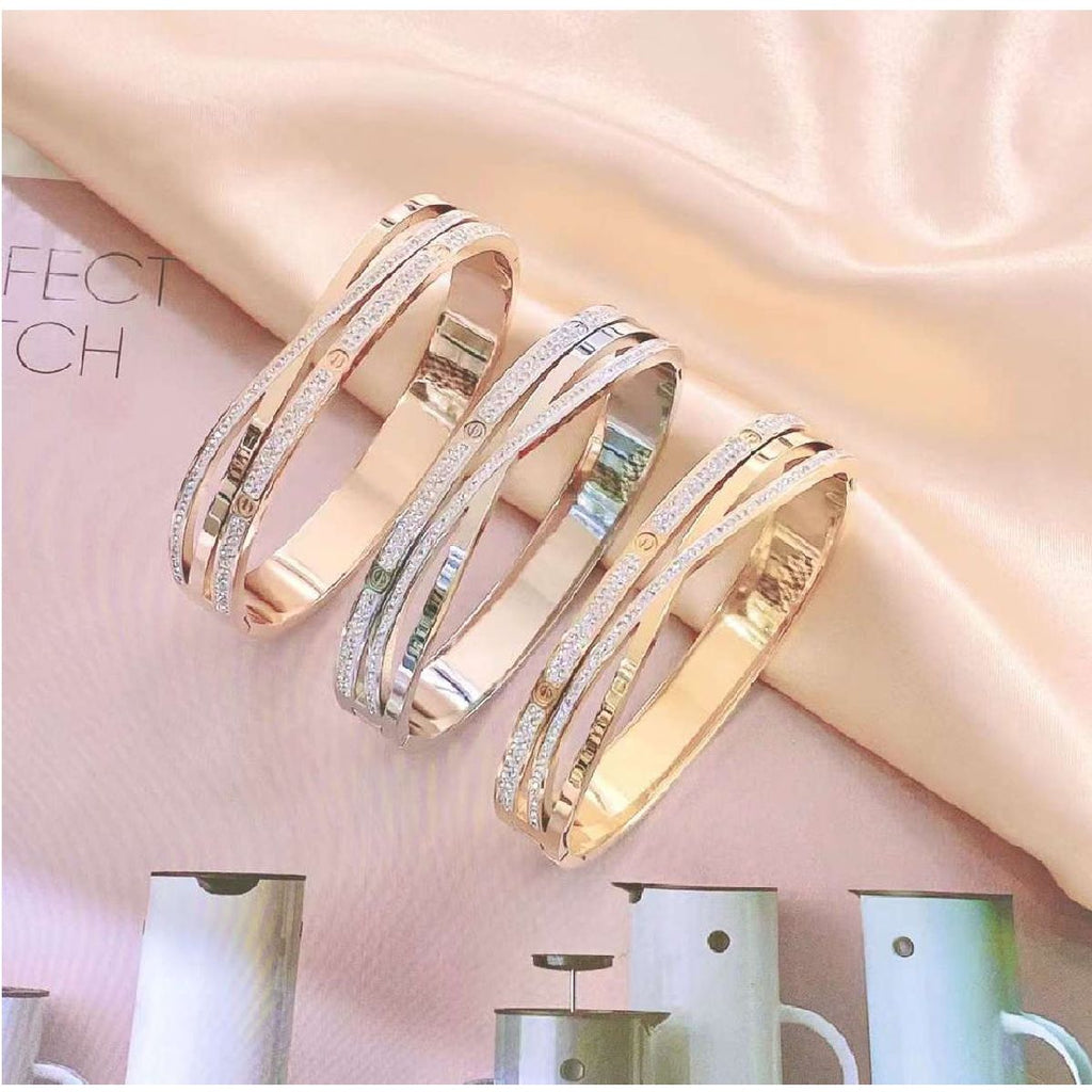 Criss Cross Screw Cubic Zirconia Rose Gold Stainless Steel Kada Bulk
