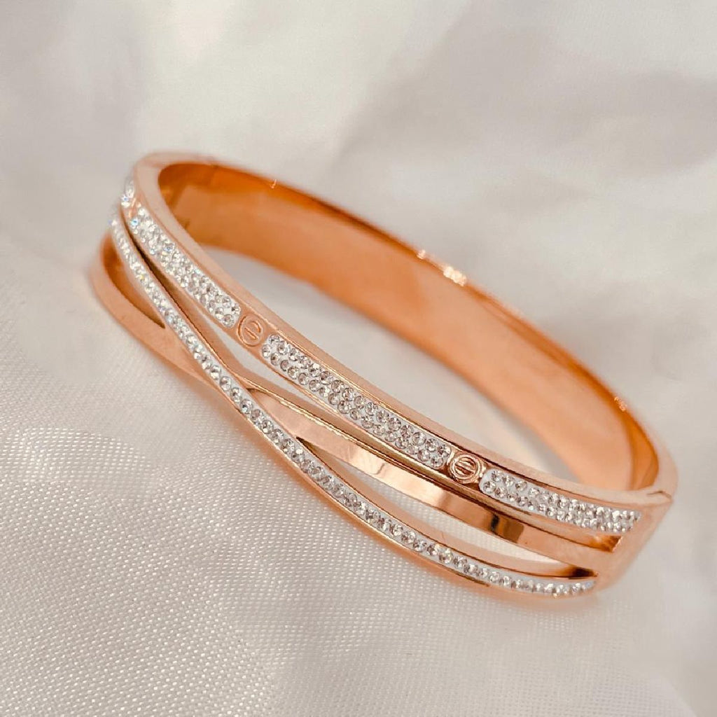 Criss Cross Screw Cubic Zirconia Rose Gold Stainless Steel Kada Bulk
