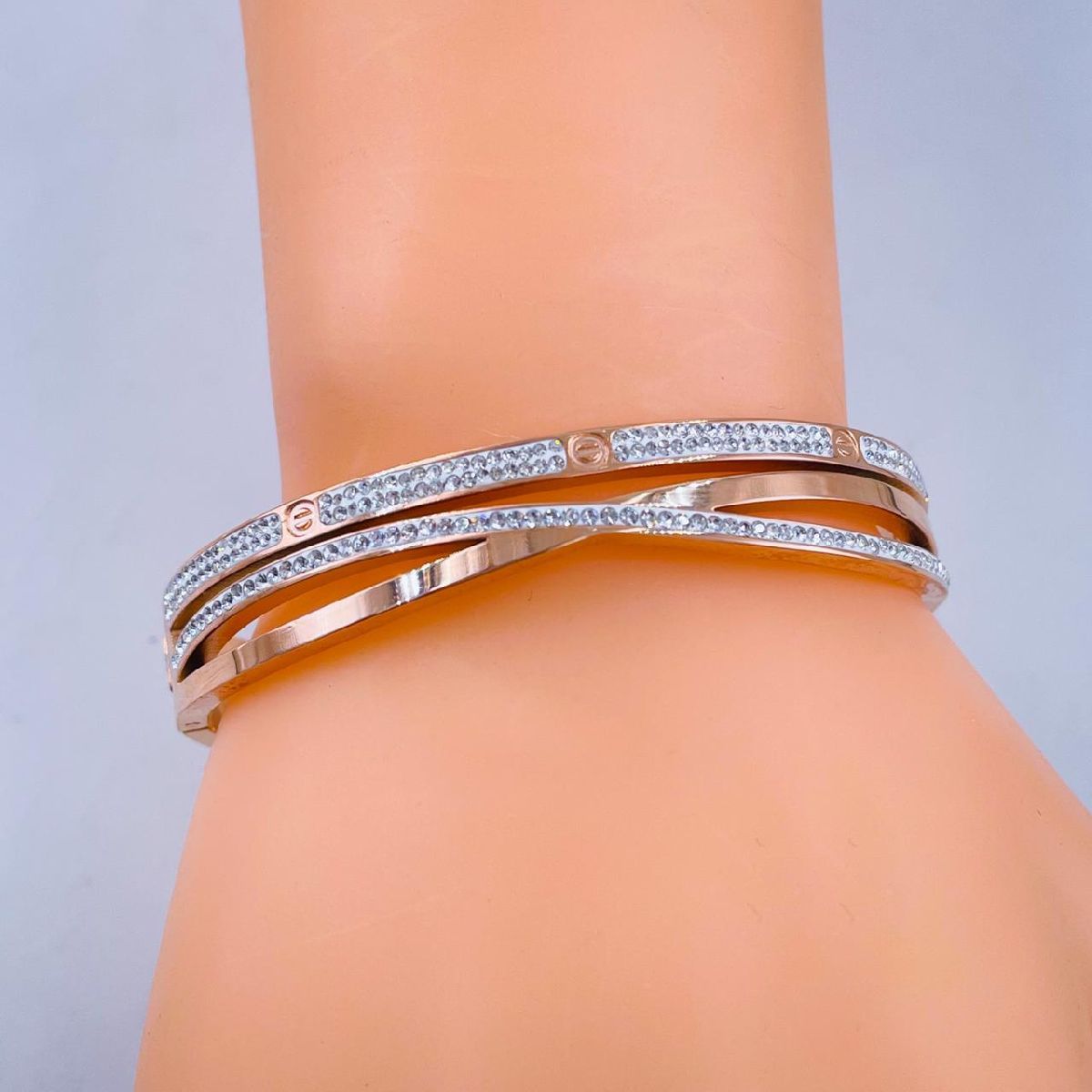 Criss Cross Screw Cubic Zirconia Rose Gold Stainless Steel Kada Bulk