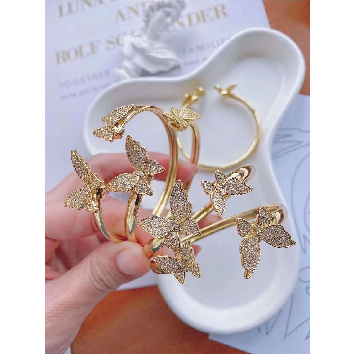 Twin Butterfly Cubic Zirconia 18K Gold Copper Bangle Kada Cuff Bulk