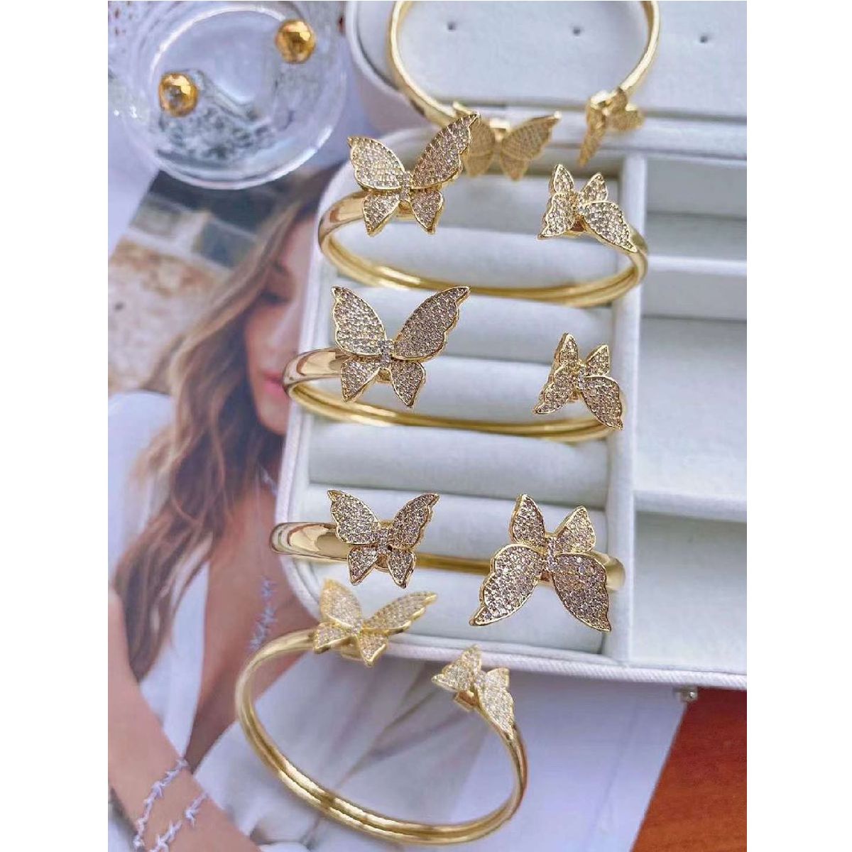 Twin Butterfly Cubic Zirconia 18K Gold Copper Bangle Kada Cuff Bulk