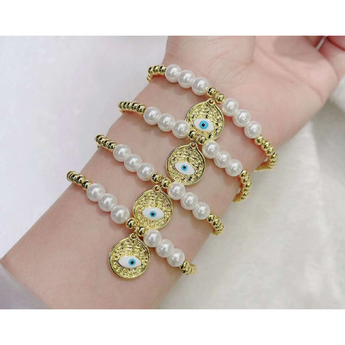 Copper Pearl Evil Eye Charm Gold White Bracelet For Women Bulk Main image