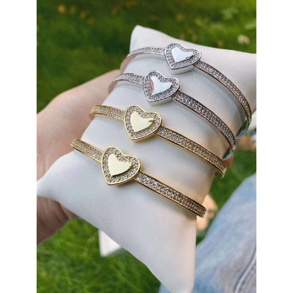 Copper Cubic Zirconia Heart Gold Openable Bangle Cuff For Women Bulk Secondary image