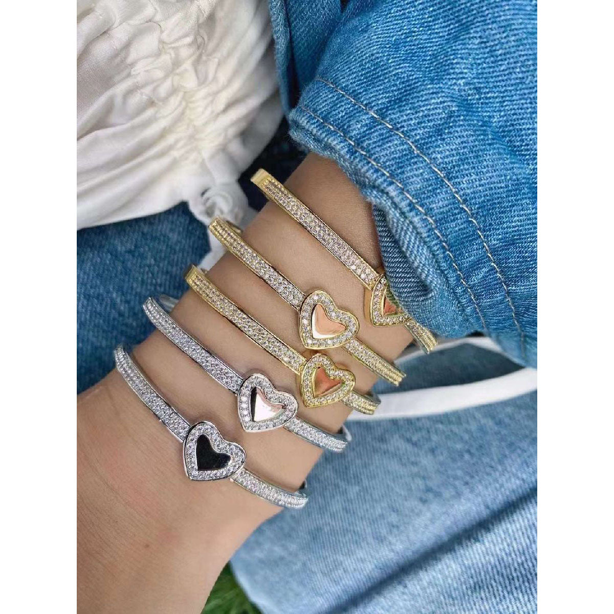 Copper Cubic Zirconia Heart Gold Openable Bangle Cuff For Women Bulk