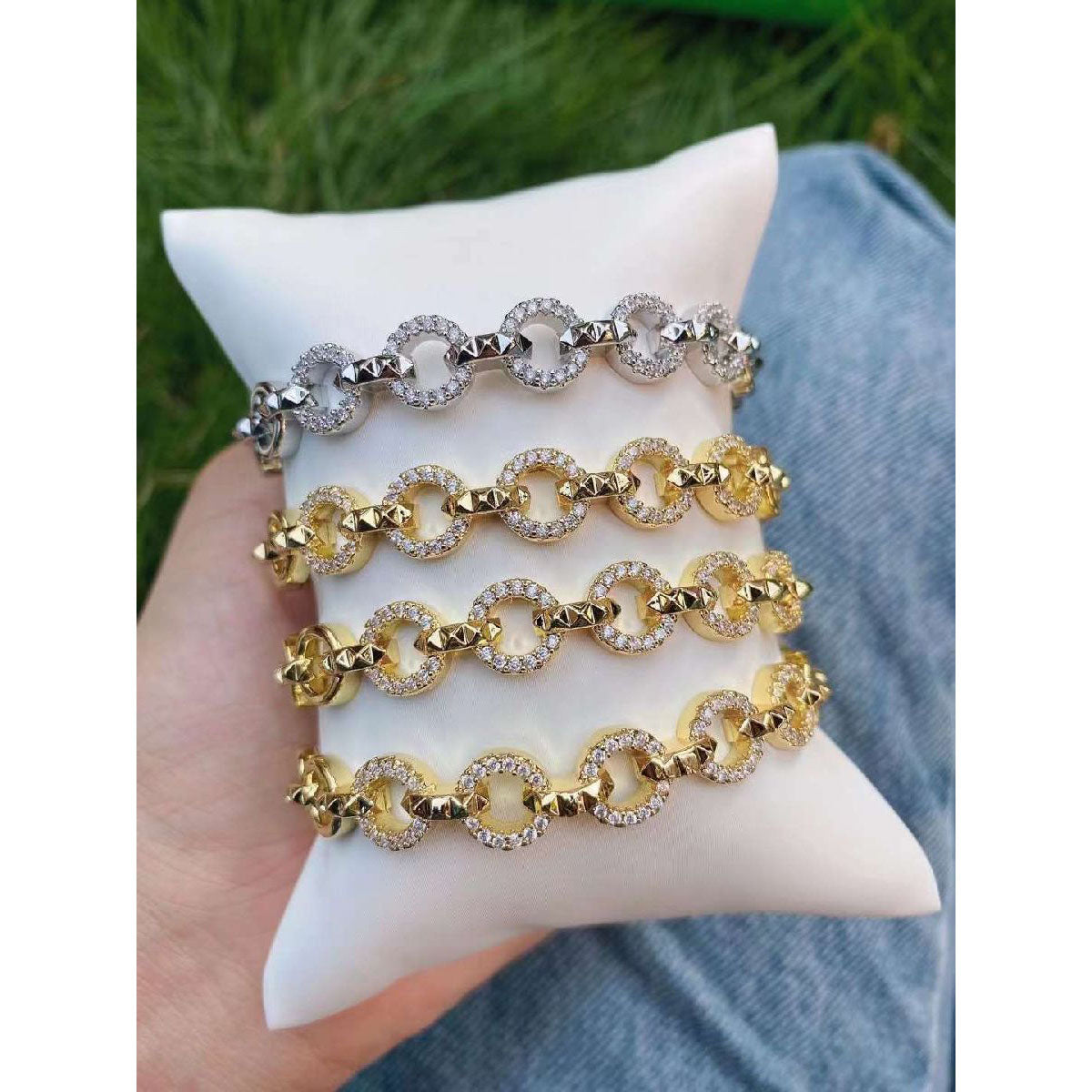 Copper Cubic Zirconia Round Gold Openable Bangle Cuff For Women Bulk Main image