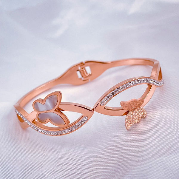 Stainless Steel Rose Gold Cubic Zirconia Mother Of Pearl Butterfly Bangle Kada Main image