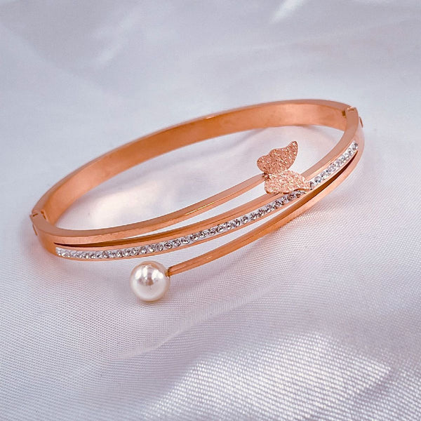 Stainless Steel Rose Gold CZ Pearl Butterfly Bangle Kada Bulk Main image