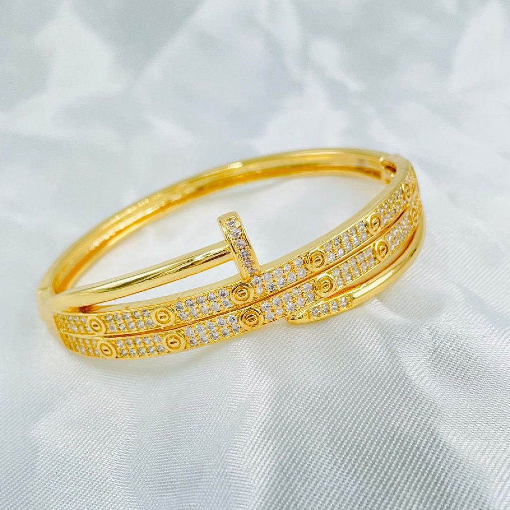 Copper Double Layer Screw Nail CZ 18K Gold Openable Kada Bracelet Bulk