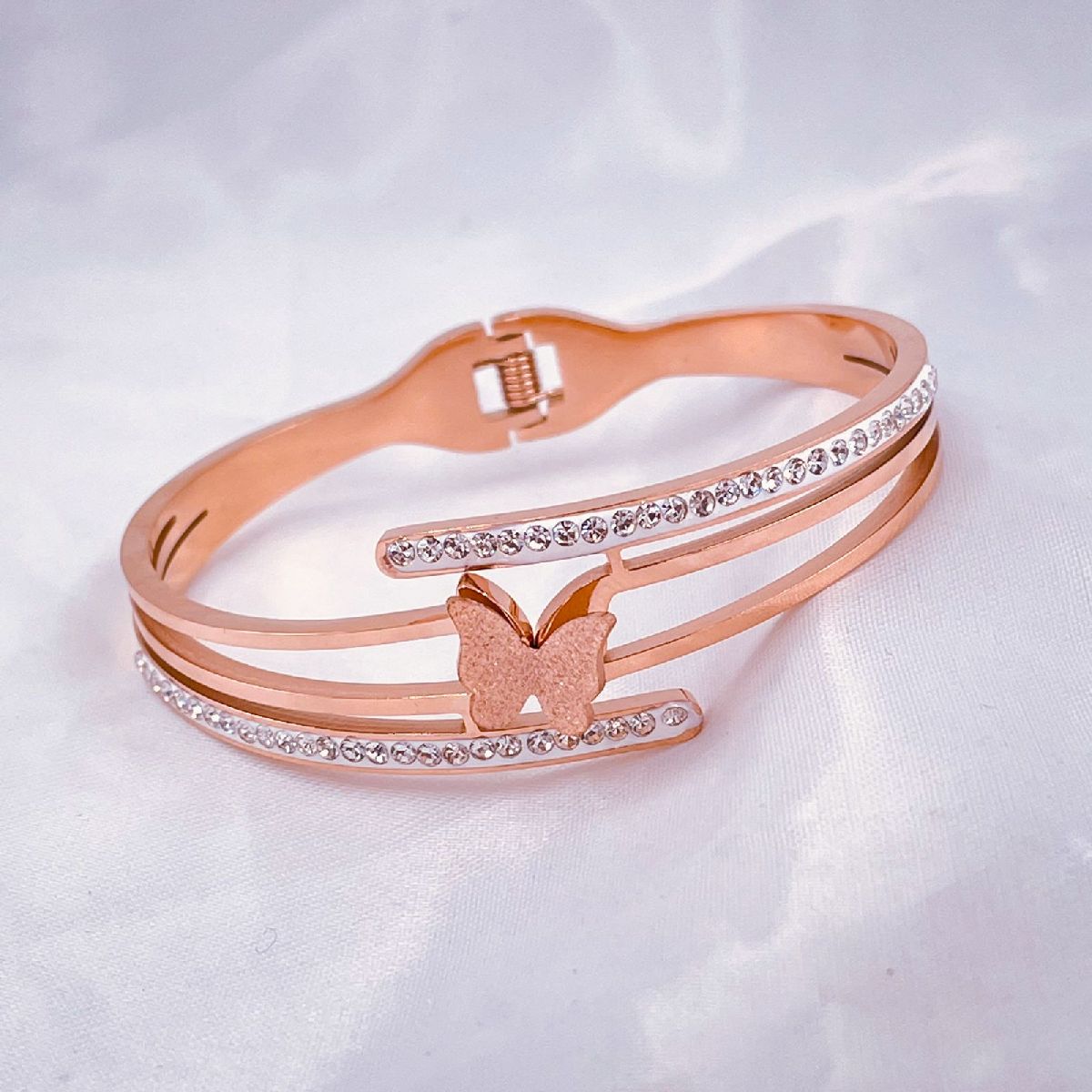 Butterfly Stainless Steel Rose Gold CZ Openable Bangle Kada Bulk Main image