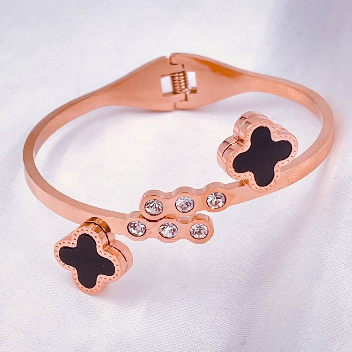 Clover Stainless Steel Black Rose Gold Cubic Zirconia Bangle Kada Main image