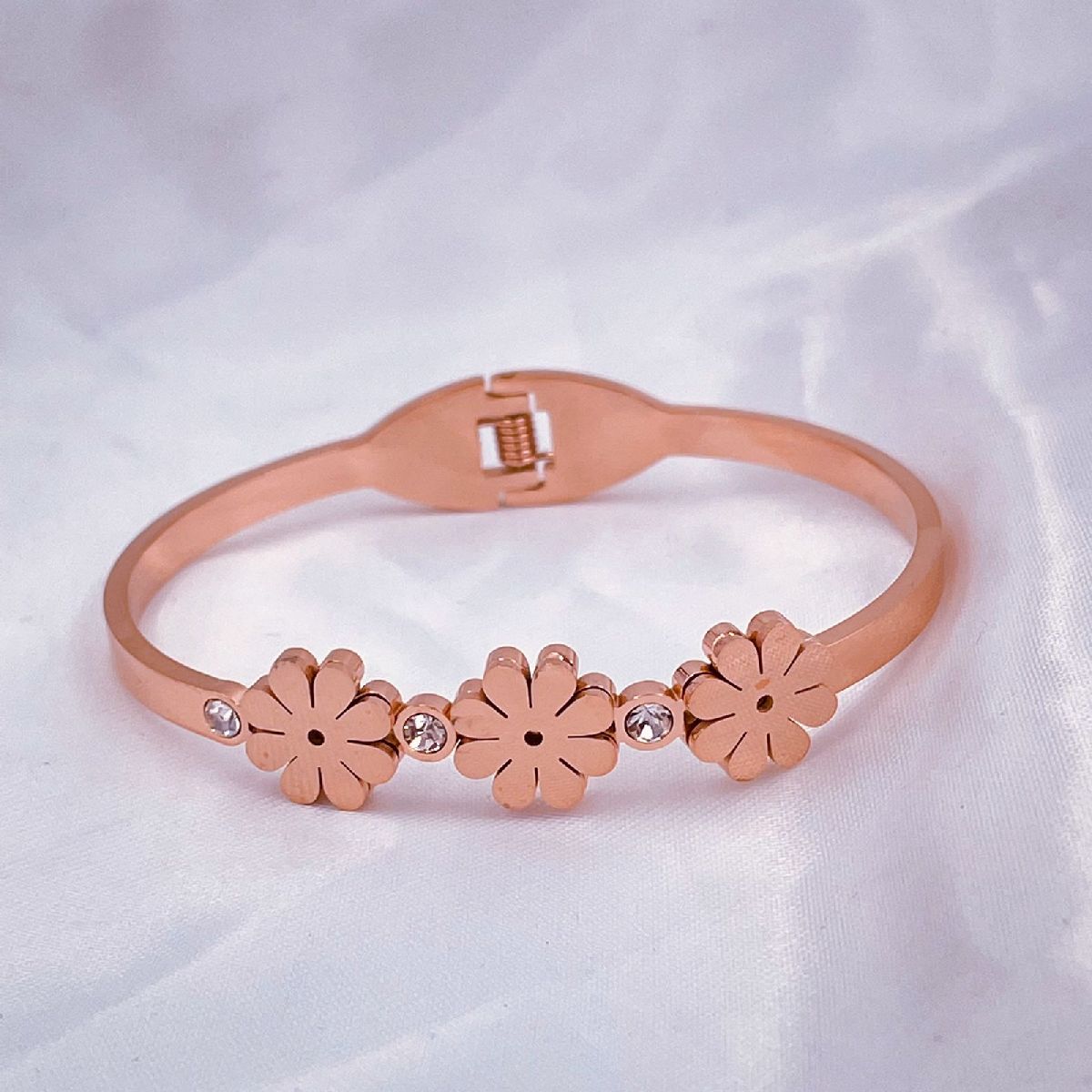 Flower Stainless Steel Rose Gold CZ Openable Bangle Kada Bulk