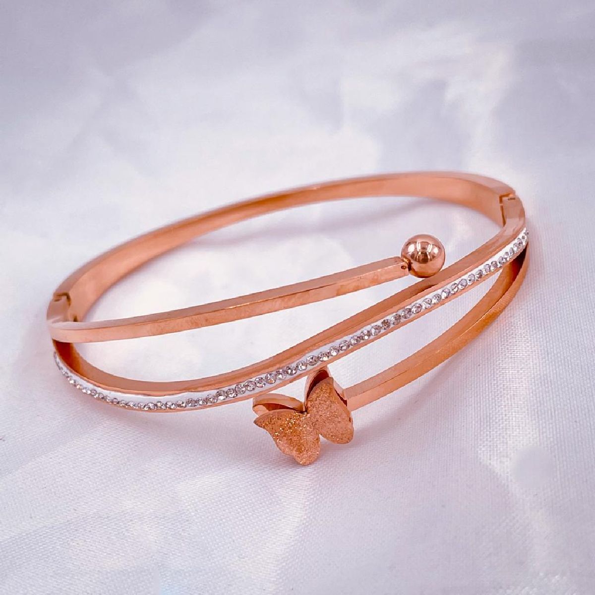 Delicate Butterfly Stainless Steel Rose Gold CZ Bangle Kada Bulk