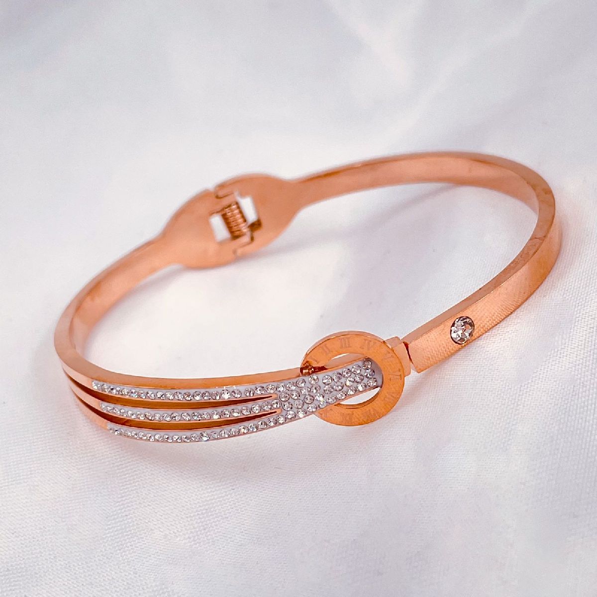 Roman Stainless Steel Rose Gold CZ Openable Bangle Kada Bulk