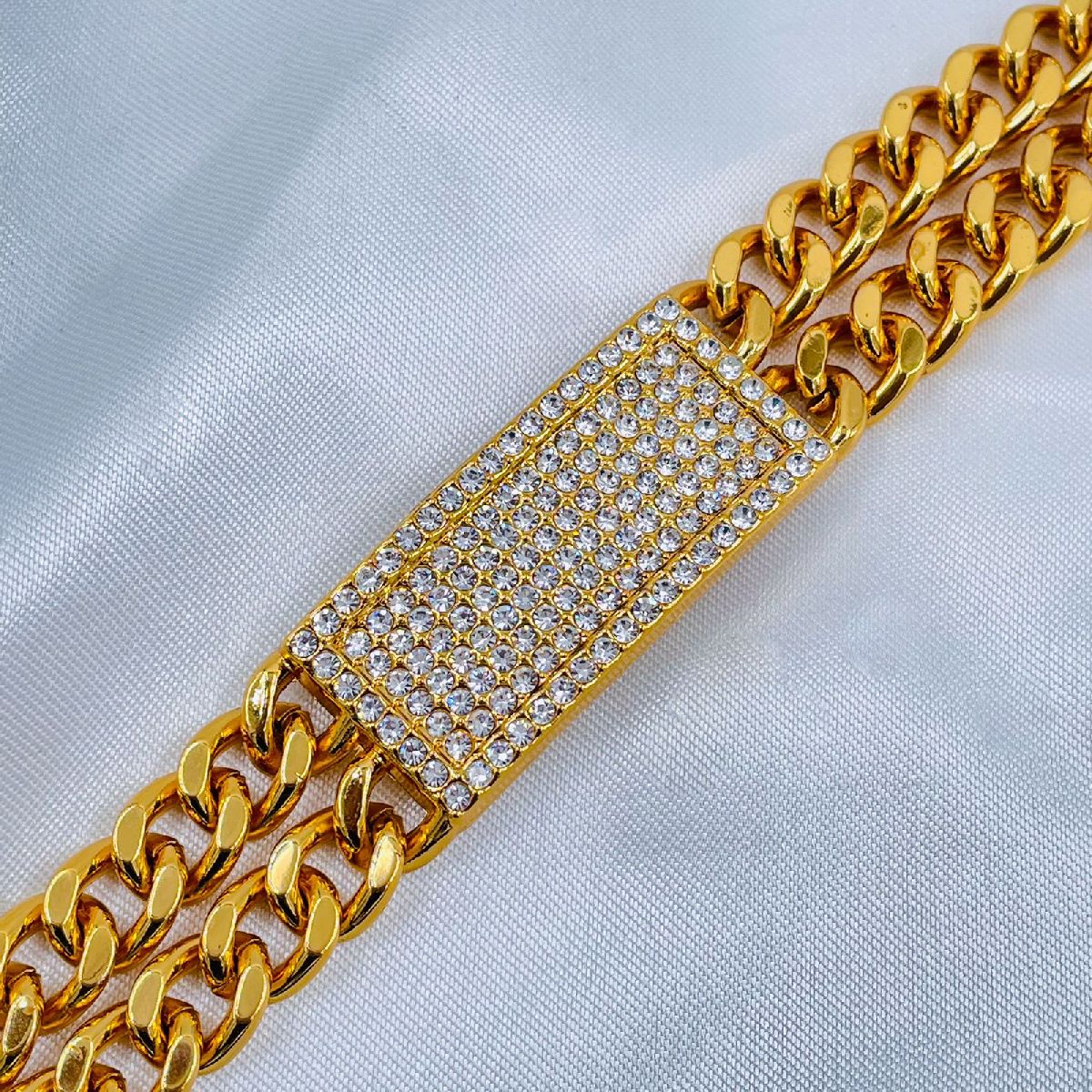 Hip Hop Iced Out Gold Rhinestone Lightning Curb Gold Bracelet Id Bulk Secondary image