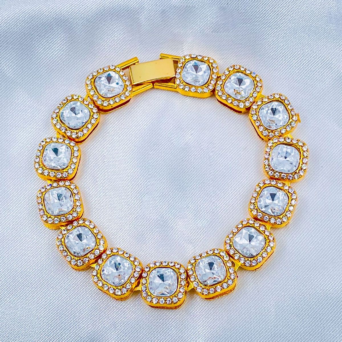 Hip Hop Iced Out Cuban Gold Cushion Cut Rhinestone Studded Alloy Bracelet Men Main image