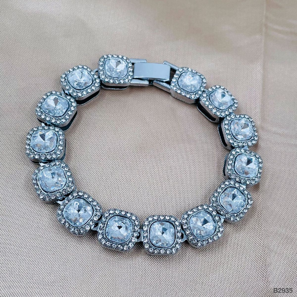 Hip Hop Iced Out Cuban Gold Cushion Cut Rhinestone Studded Alloy Bracelet Men