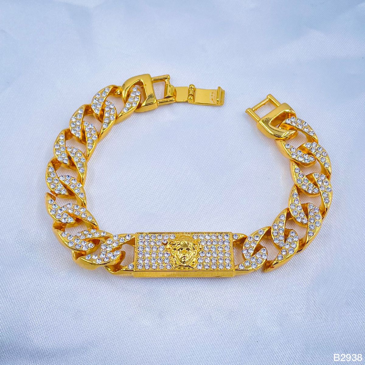 Hip Hop Iced Out Alloy Cuban Curb Gold Rhinestone Studded Chunky ID Bracelet For Men Main image