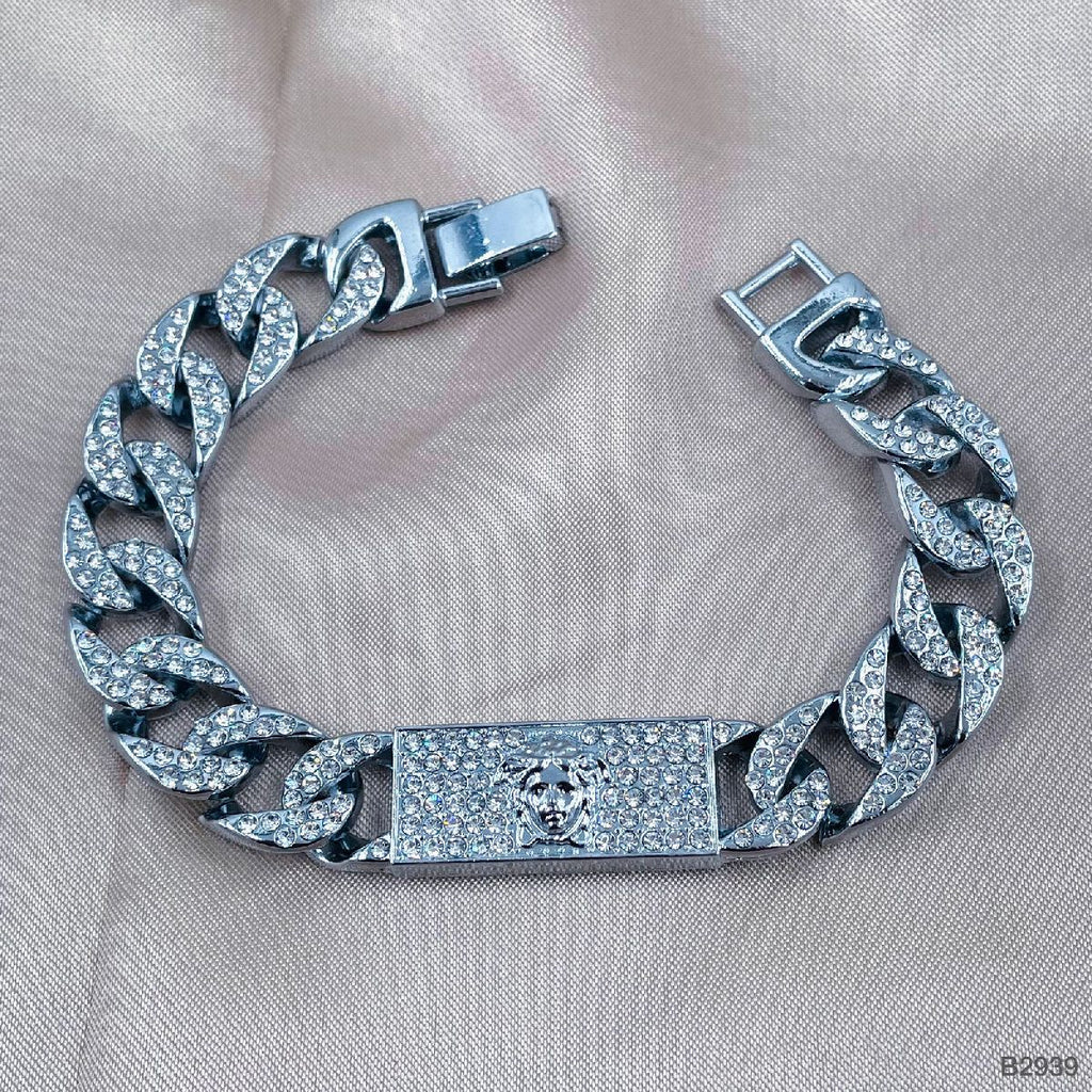 Hip Hop Iced Out Alloy Cuban Curb Gold Rhinestone Studded Chunky ID Bracelet For Men
