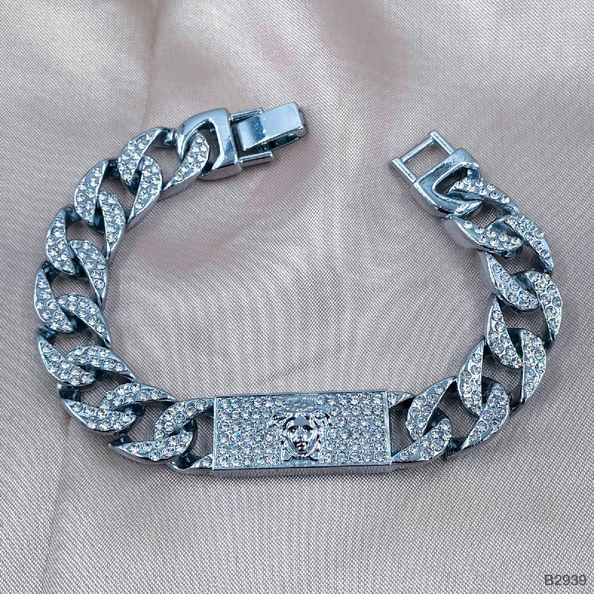 Hip Hop Iced Out Alloy Cuban Curb Gold Rhinestone Studded Chunky ID Bracelet For Men