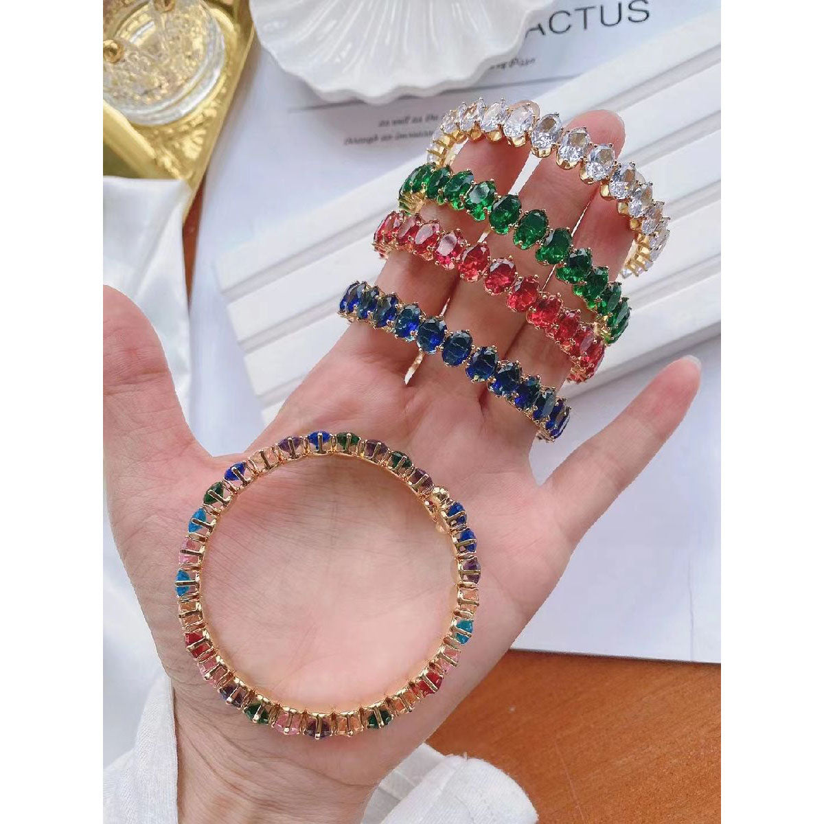 Multi Color Oval Cubic Zirconia Copper Free Size Bangle Kada Bulk