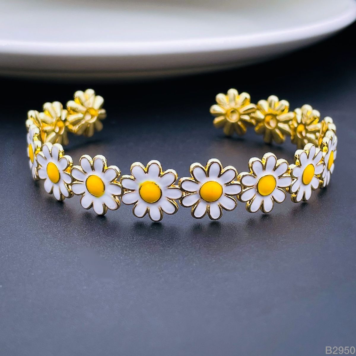 Multi Color Daisy Flower Enamel 18K Gold Copper Bangle Cuff Women Bulk