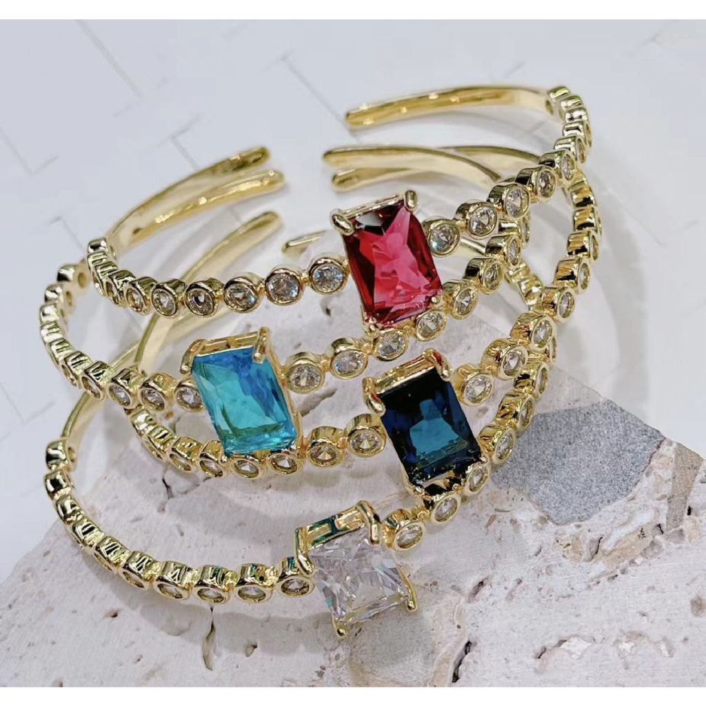 Emerald Cut Blue Cubic Zirconia 18K Gold Copper Bangle Cuff Women Bulk